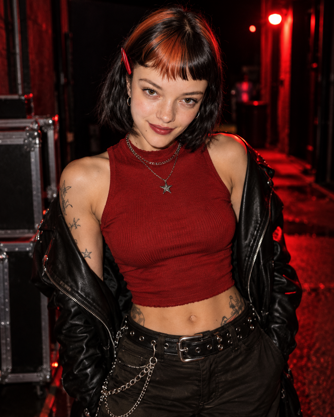 Naudia, a fictional adult AI character, backstage in a red top and leather jacket